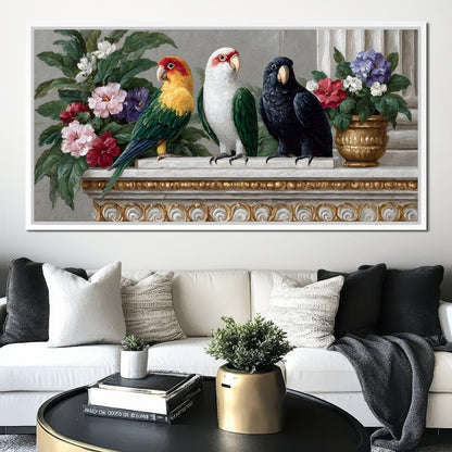 Parrot Trio On Florid Ledge Canvas Wall Art