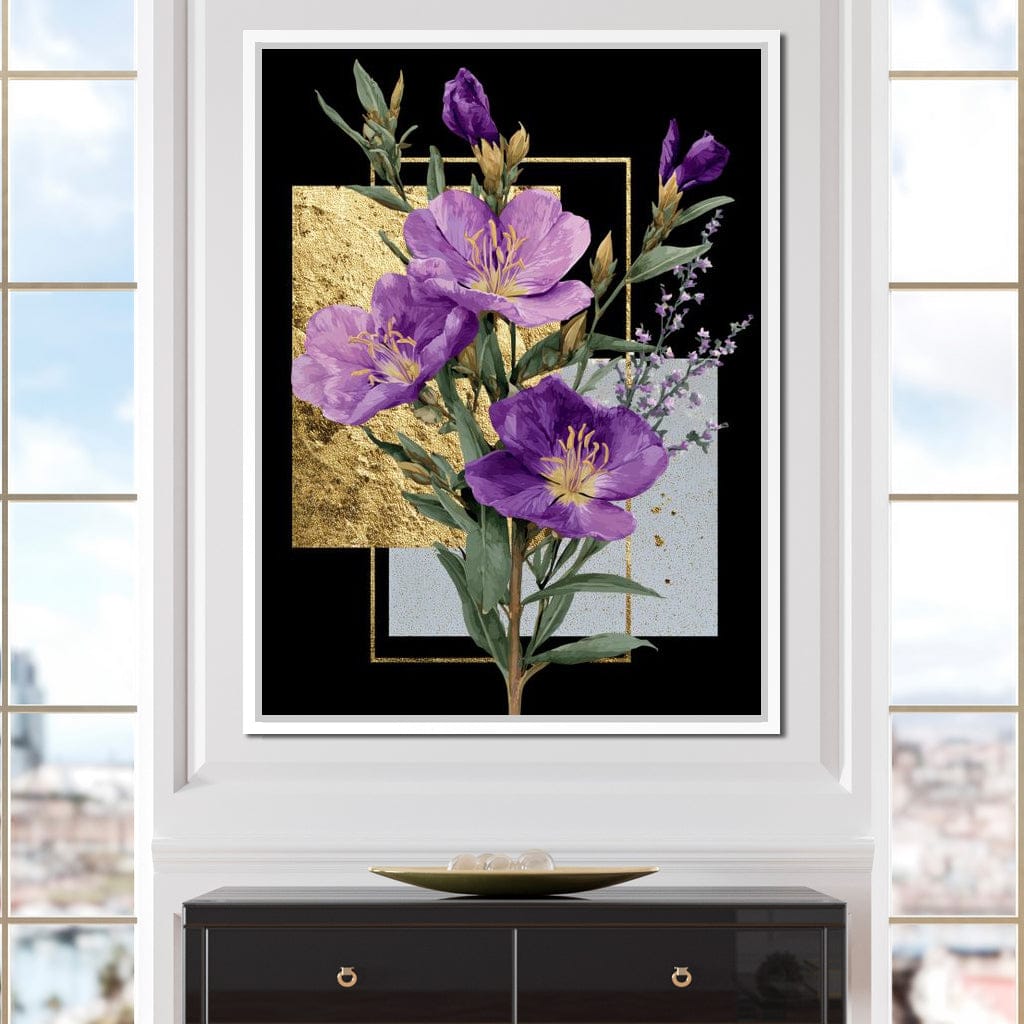 Golden Frame Violet Blossoms Canvas Wall Art