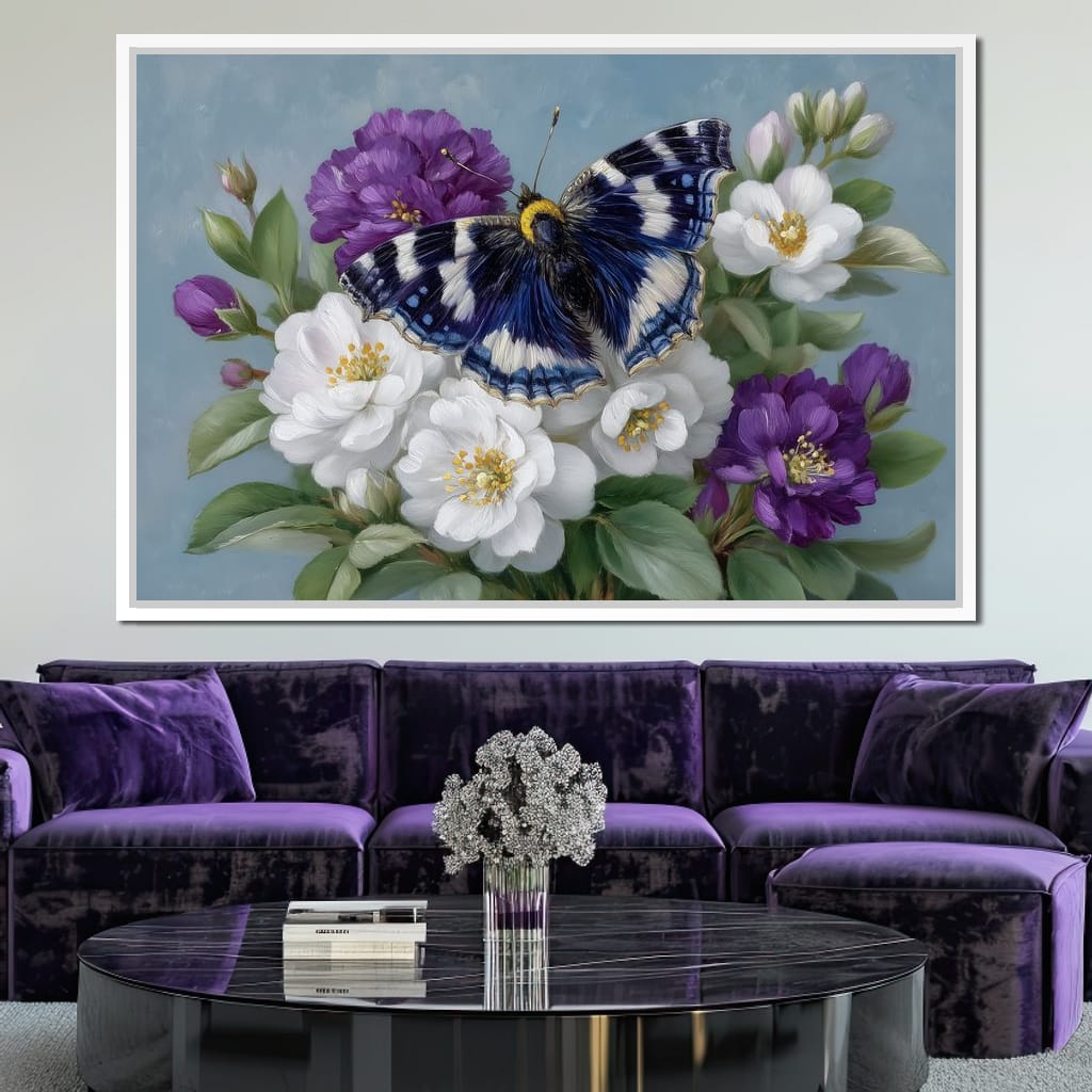 Blue Butterfly Garden Blossom Canvas Wall Art