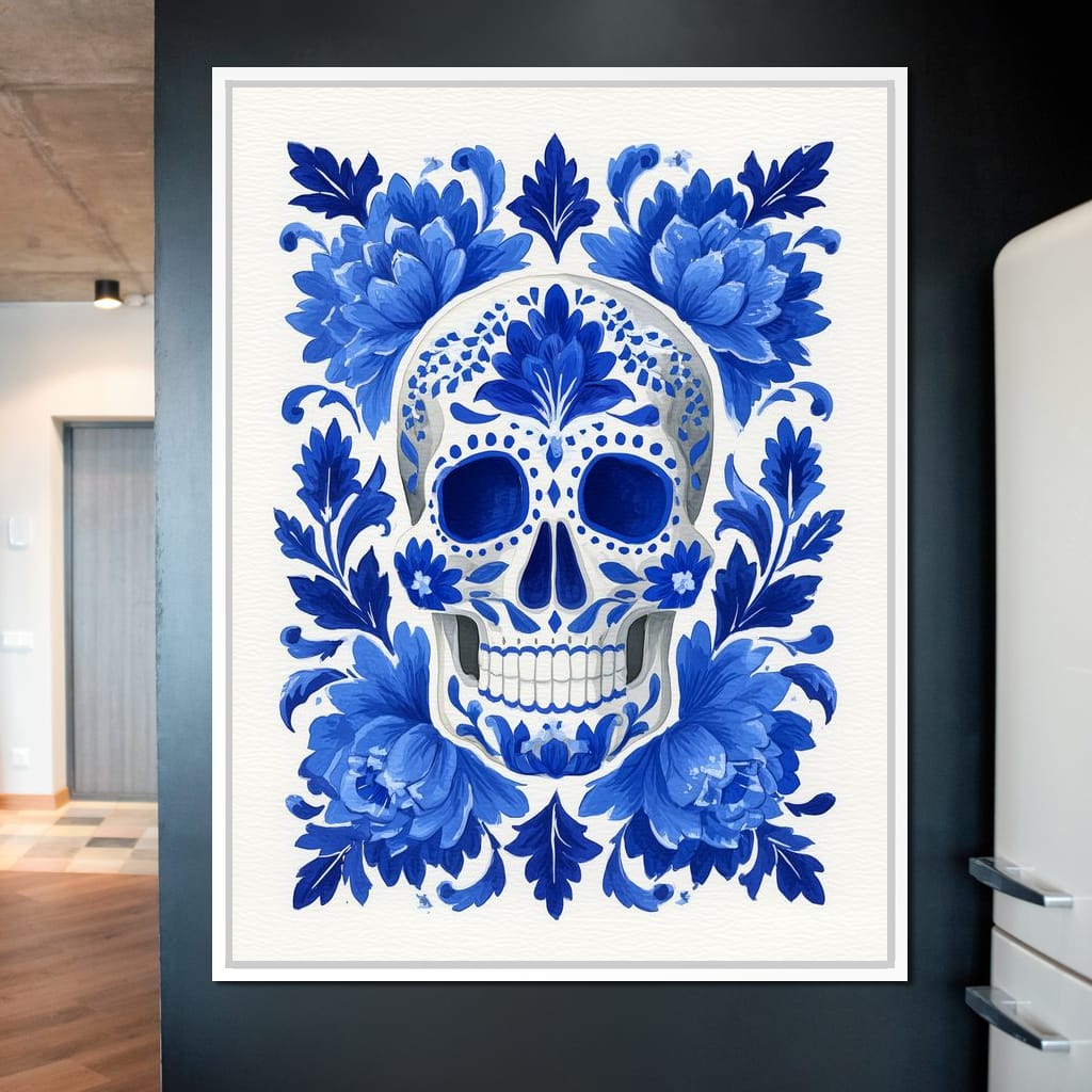 Blue Floral Sugar Skull Folkstyle Canvas Wall Art