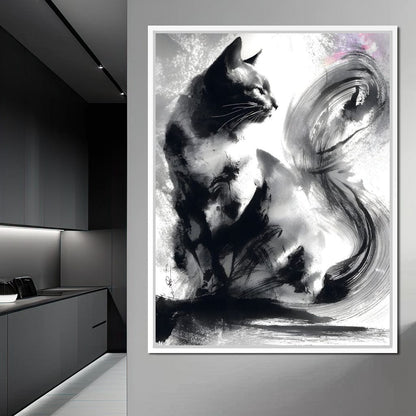 Sumi Ink Cat Reflecting Shadow Canvas Wall Art
