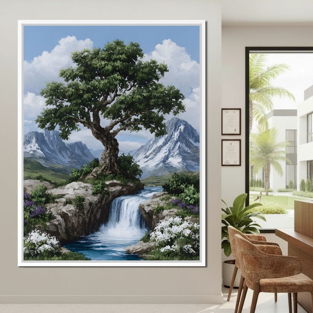 Majestic Tree Mountain Falls Canvas Wall Art