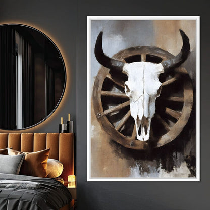 Western Bull Skull Wagon Wheel Canvas Wall Art