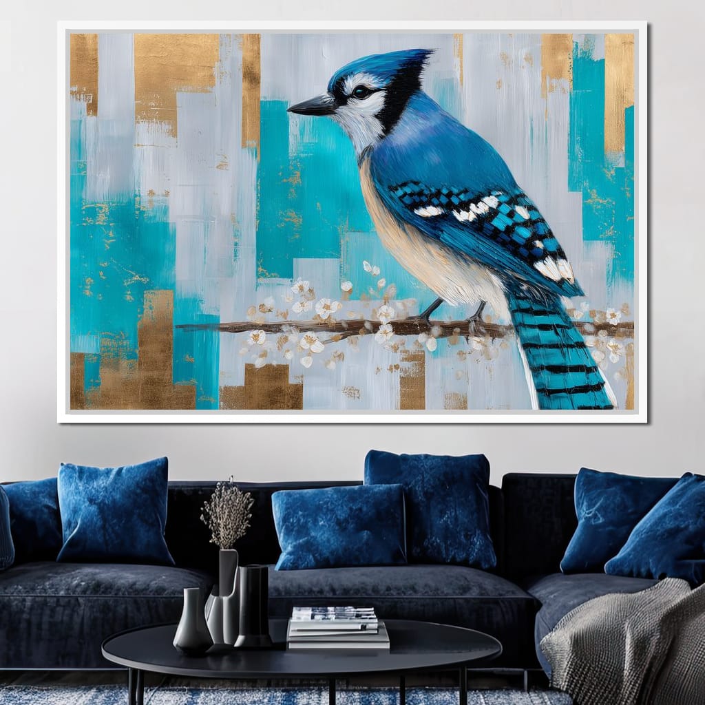 Blue Jay on Golden Birch Canvas Wall Art