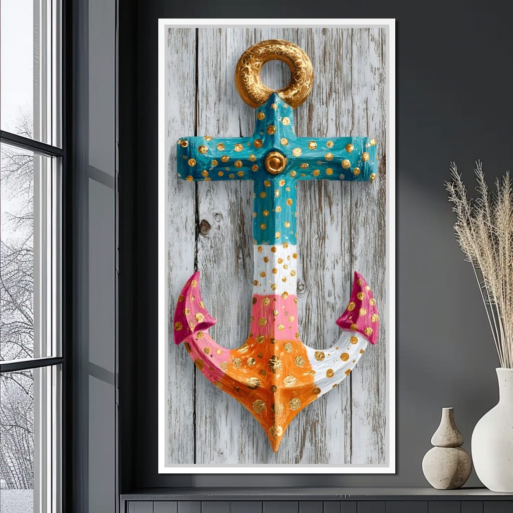 Golden Dotted Nautical Anchor Canvas Wall Art