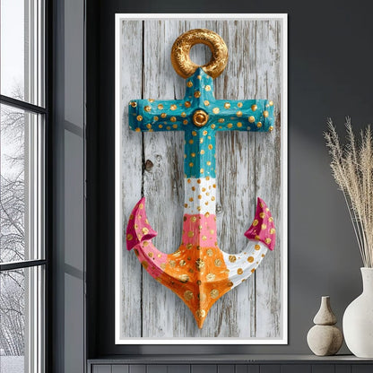Golden Dotted Nautical Anchor Canvas Wall Art