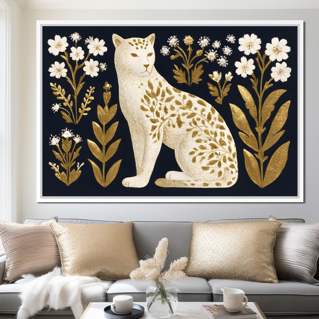 Golden Botanical Leopard Cat Canvas Wall Art
