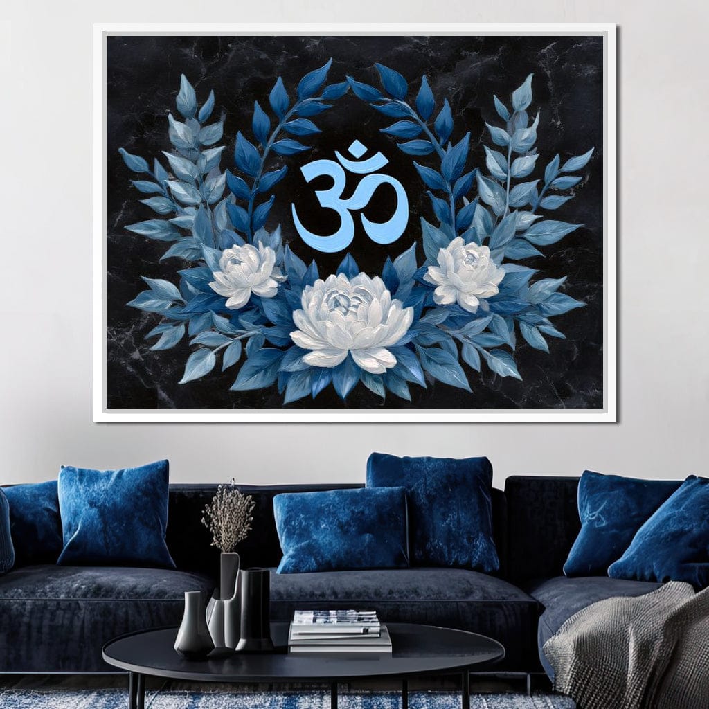 Om Symbol Blue Lotus Wreath Canvas Wall Art
