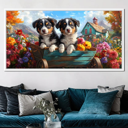 Puppy Paradise in Bloom Canvas Wall Art