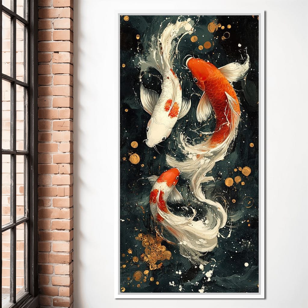 Koi Dance Under Golden Moon Canvas Wall Art