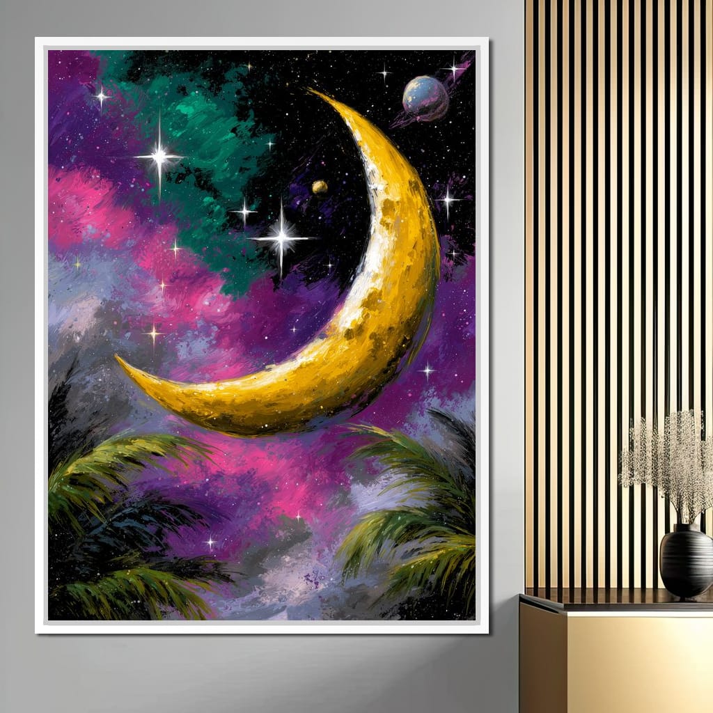 Golden Crescent Cosmic Nightscape Canvas Wall Art