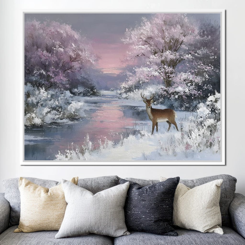 Winter River Deer Sunset Glow Canvas Wall Art