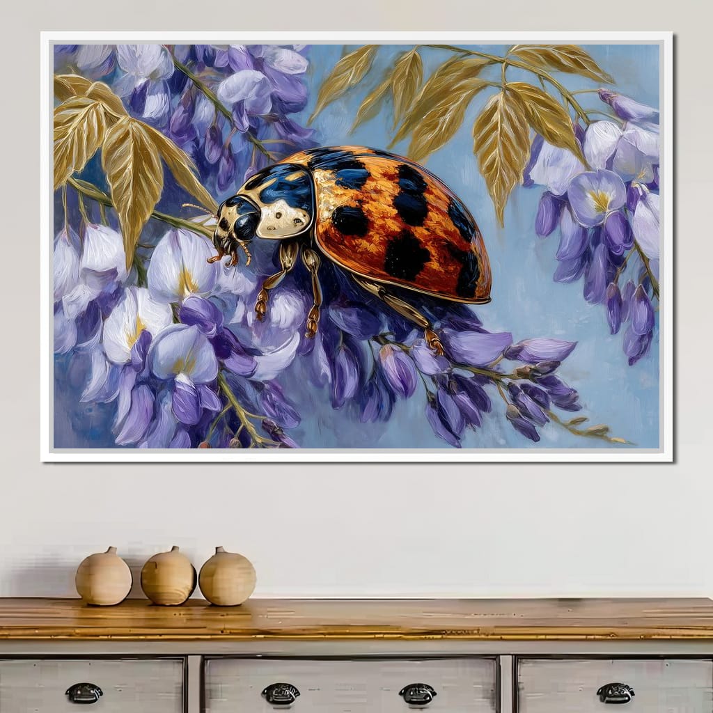Ladybug On Wisteria Bloom Canvas Wall Art