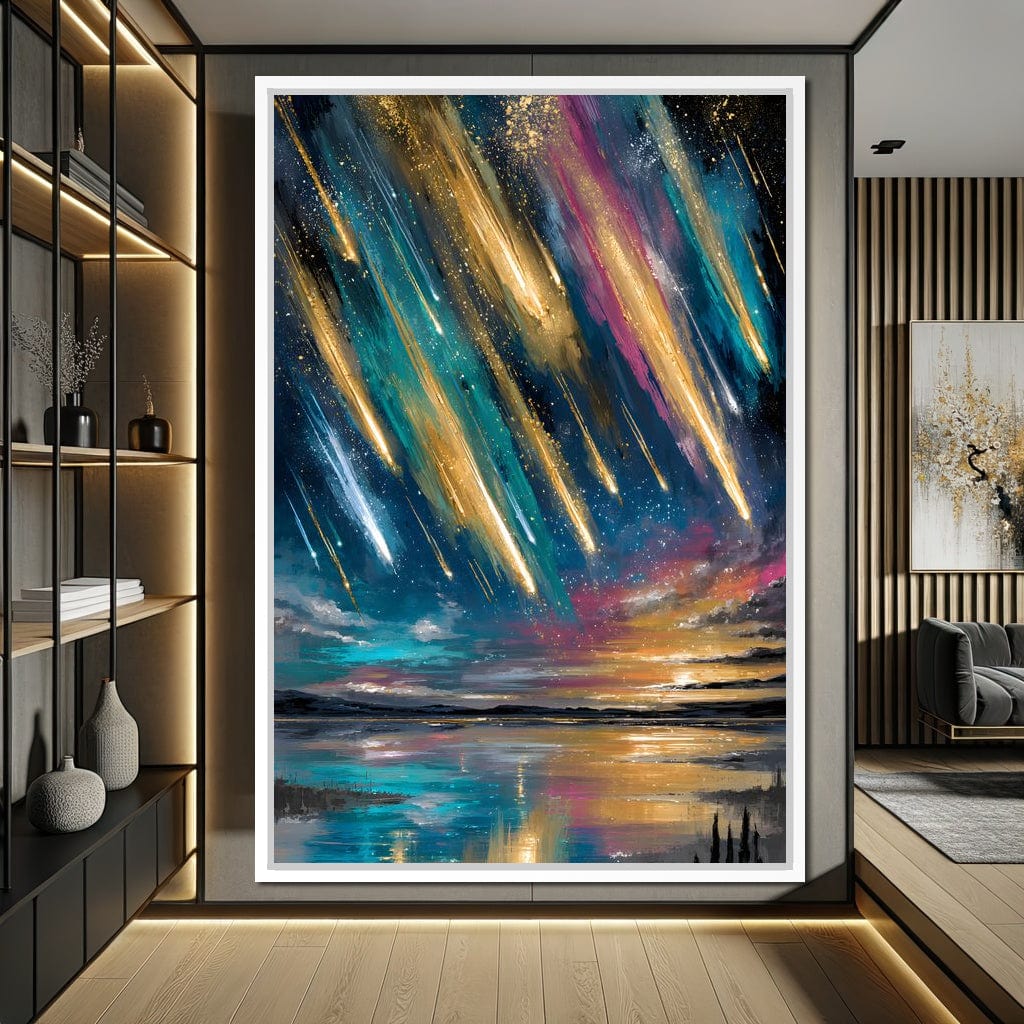 Golden Meteors Over Silent Lake Canvas Wall Art