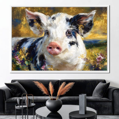 Golden Meadow Piglet Portrait Canvas Wall Art