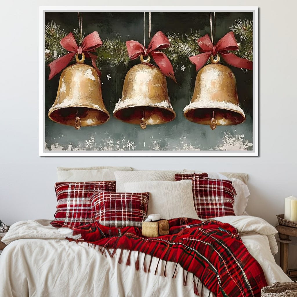 Snow Kissed Golden Holiday Bells Canvas Wall Art