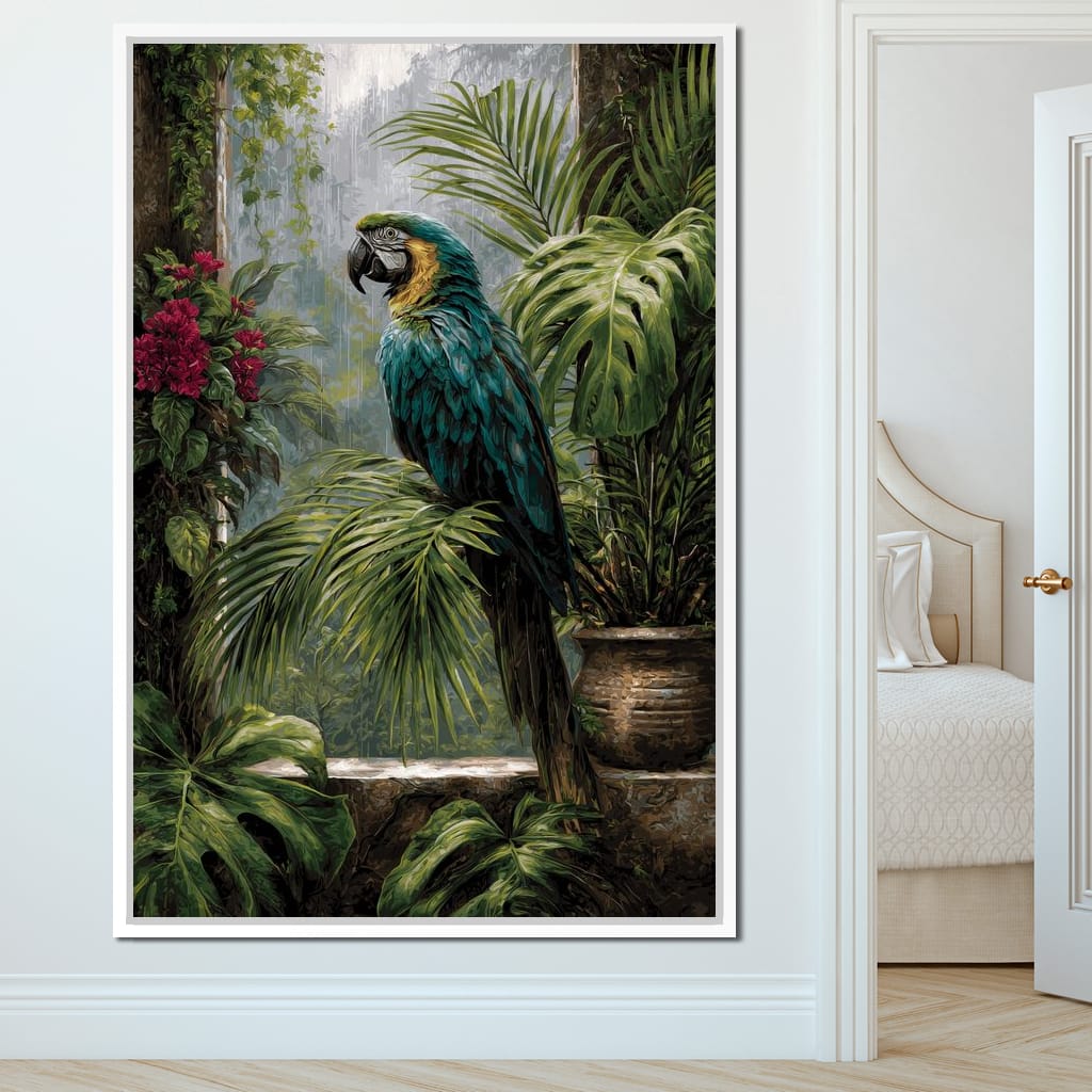 Rainforest Macaw Perch Scene Canvas Wall Art