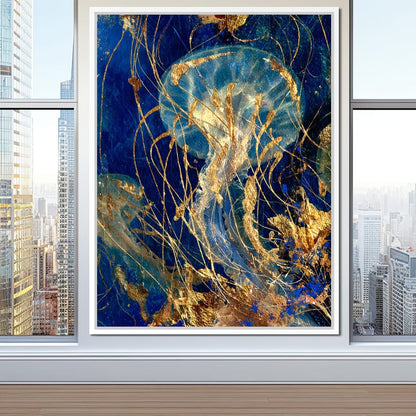 Golden Jellyfish Deep Blue Sea Canvas Wall Art