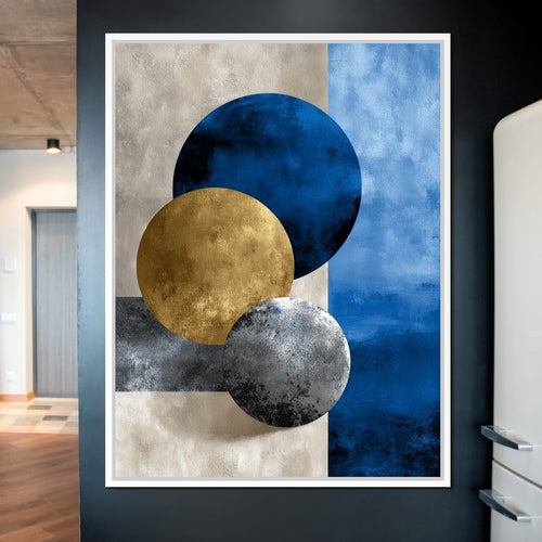 Modern Geometric Blue Gold Orbit Canvas Wall Art