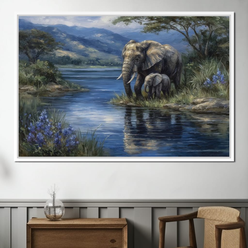 Elephant Family Riverbank Dream Canvas Wall Art