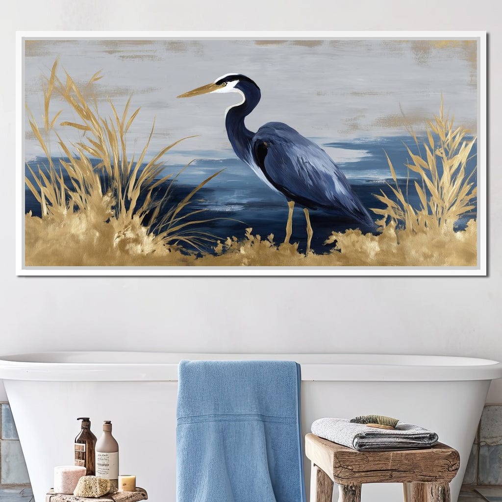 Coastal Heron Gold Reeds Canvas Wall Art