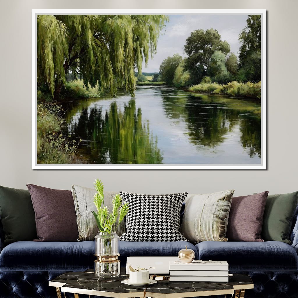 Willow Reflections Along Riverbank Canvas Wall Art