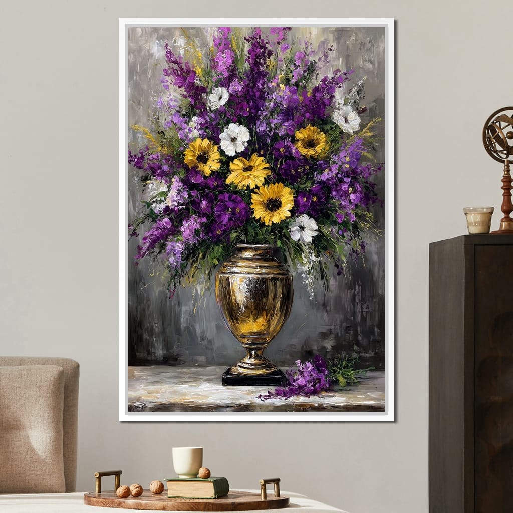 Golden Vase Violet Sunflowers Canvas Wall Art