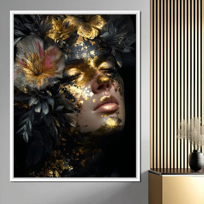 Golden Reverie Floral Visage Canvas Wall Art