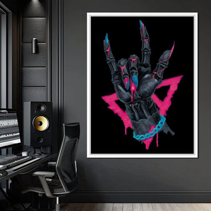 Neon Skeleton Rock Hand Sign Canvas Wall Art