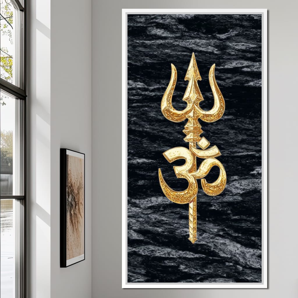Golden Om Trishul Emblem Canvas Wall Art
