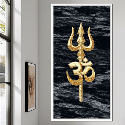 Golden Om Trishul Emblem Canvas Wall Art