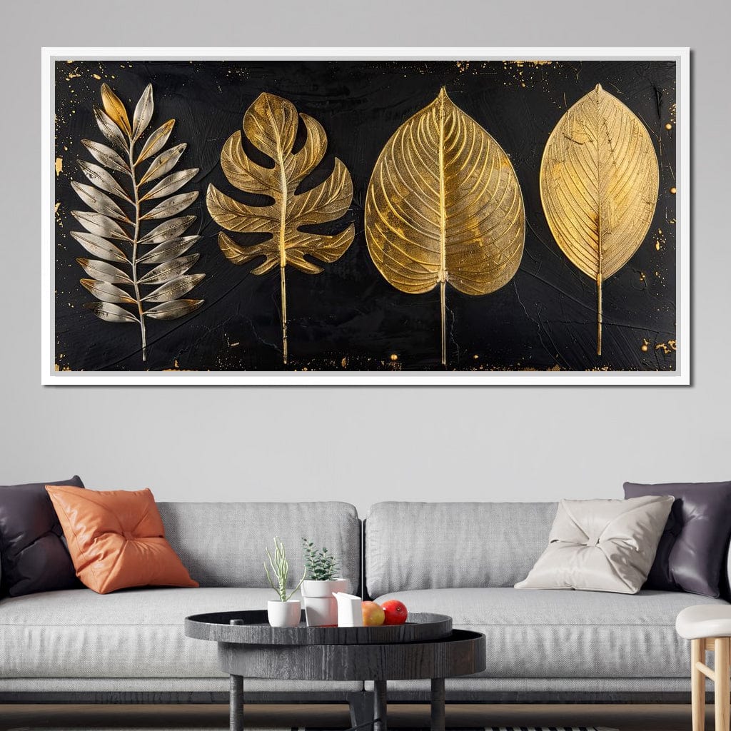 Golden Leaves on Black Background Canvas Wall Art