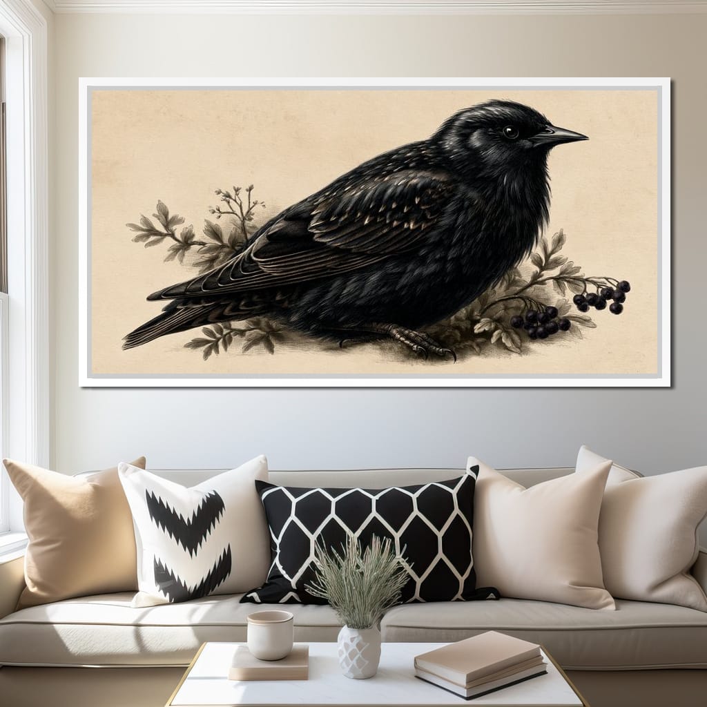 Solitary Starling Perched Upon Wild Berries Canvas Wall Art