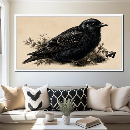 Solitary Starling Perched Upon Wild Berries Canvas Wall Art