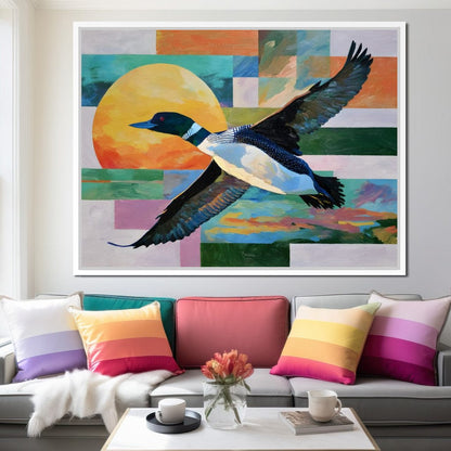 Flying Loon Over Golden Sun Canvas Wall Art