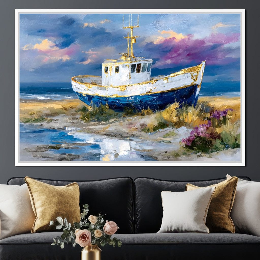 Coastal Boat Under Violet Sky Canvas Wall Art