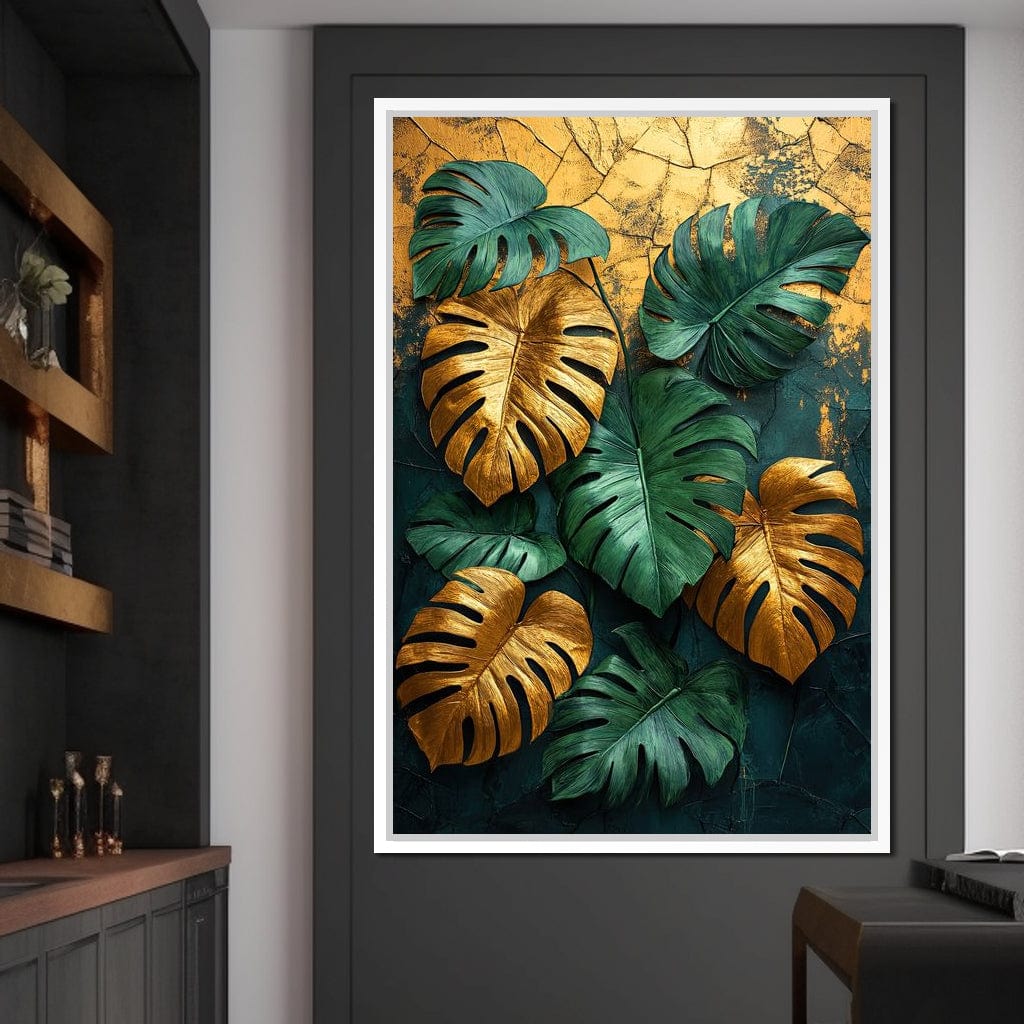 Golden Monstera Leaves Canvas Wall Art