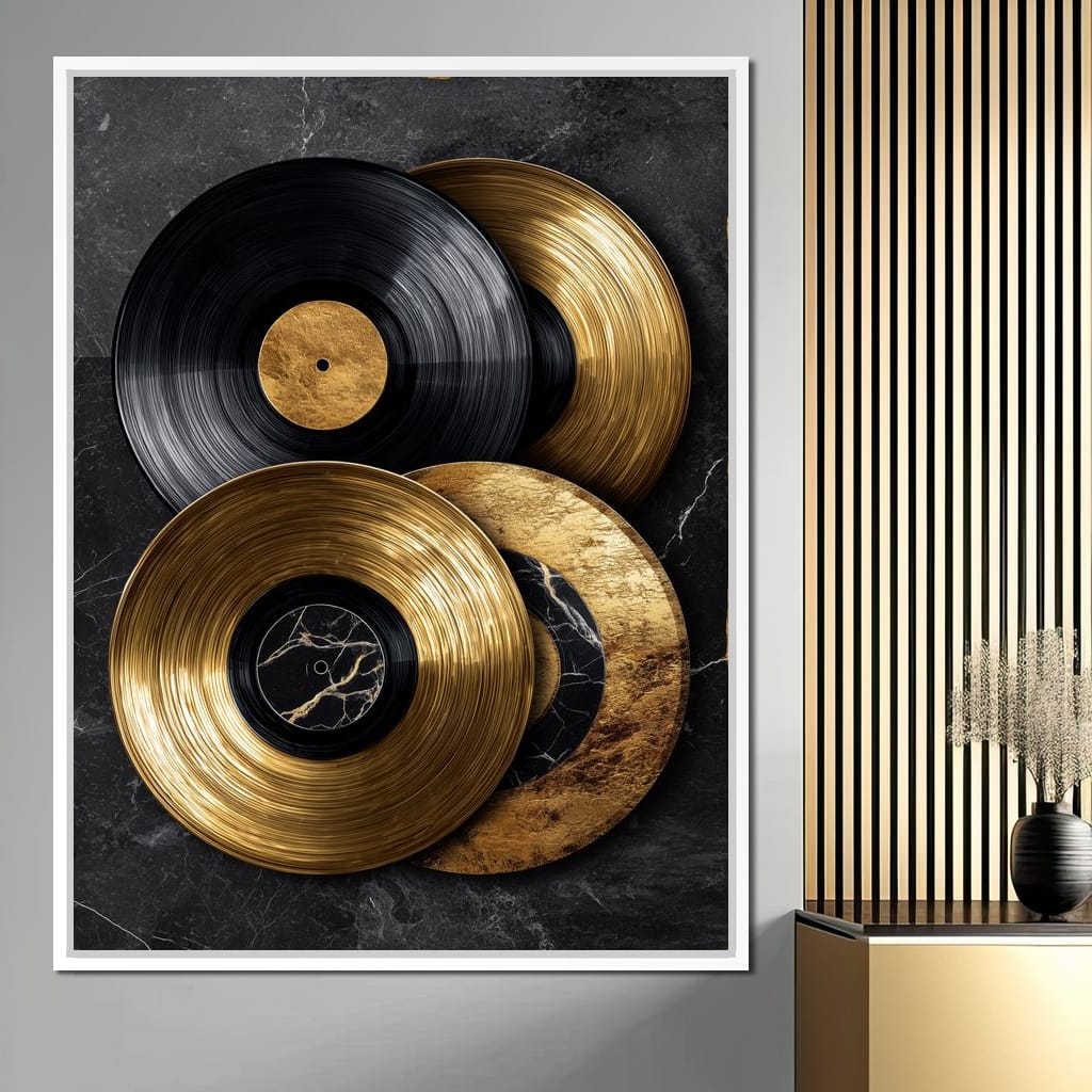 Gold Vinyl Records Noir Marble Canvas Wall Art