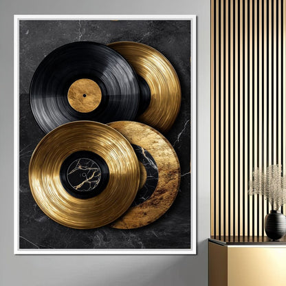 Gold Vinyl Records Noir Marble Canvas Wall Art