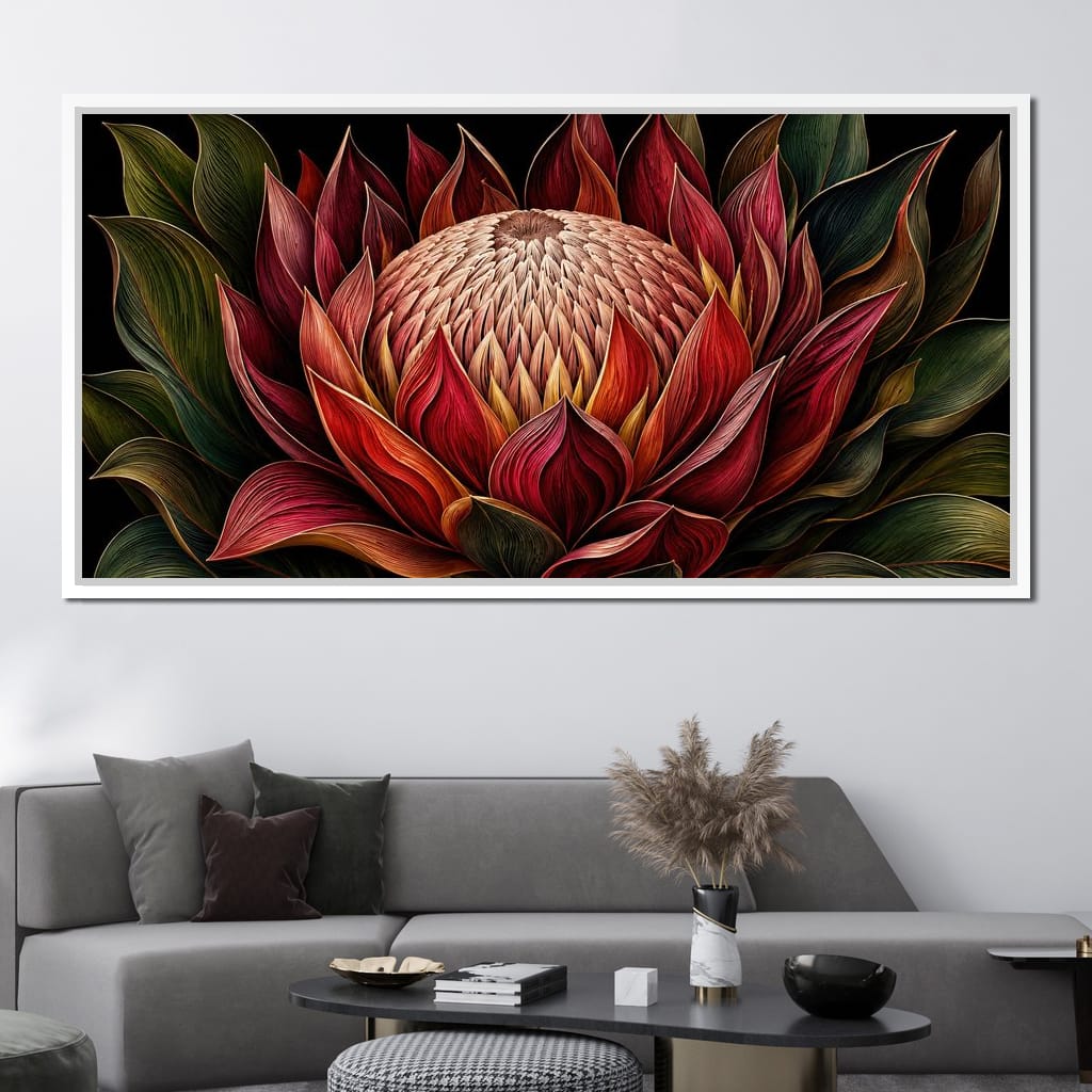 Crimson Protea Flame Crown Canvas Wall Art