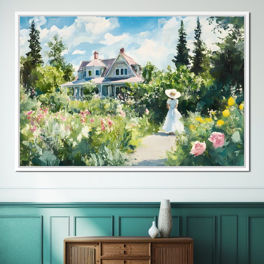 Sunlit Garden By Victorian House Canvas Wall Art