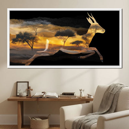 Golden Savanna Antelope Run Canvas Wall Art