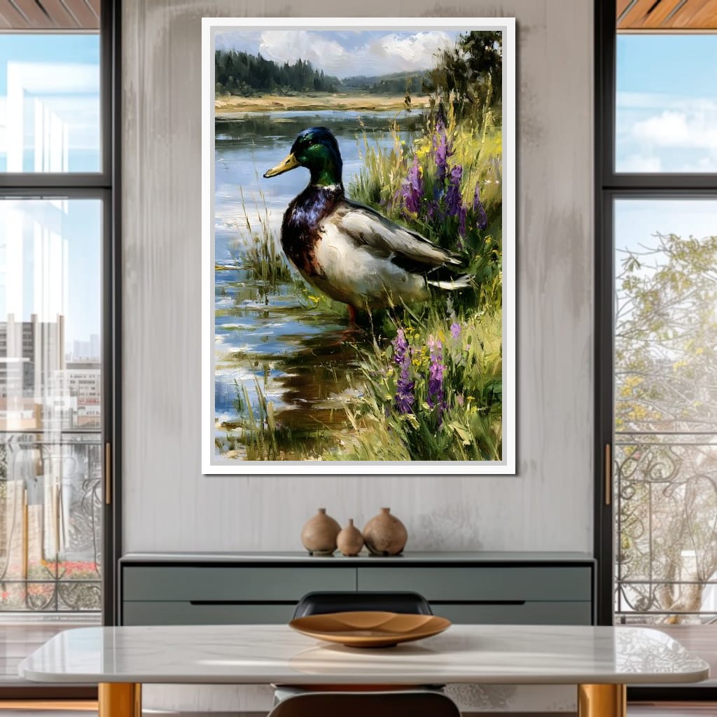 Solitary Mallard By The Still Shore Canvas Wall Art