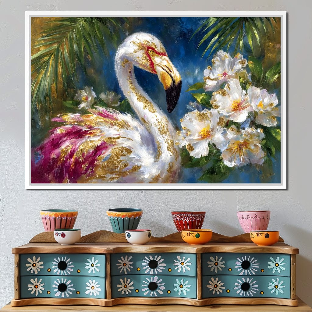 Gilded Flamingo Garden Glow Canvas Wall Art