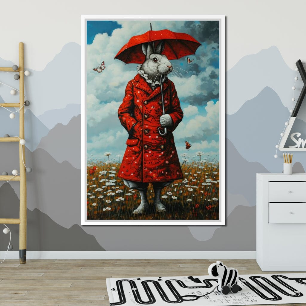 The Rabbit and the Red Umbrella Canvas Wall Art