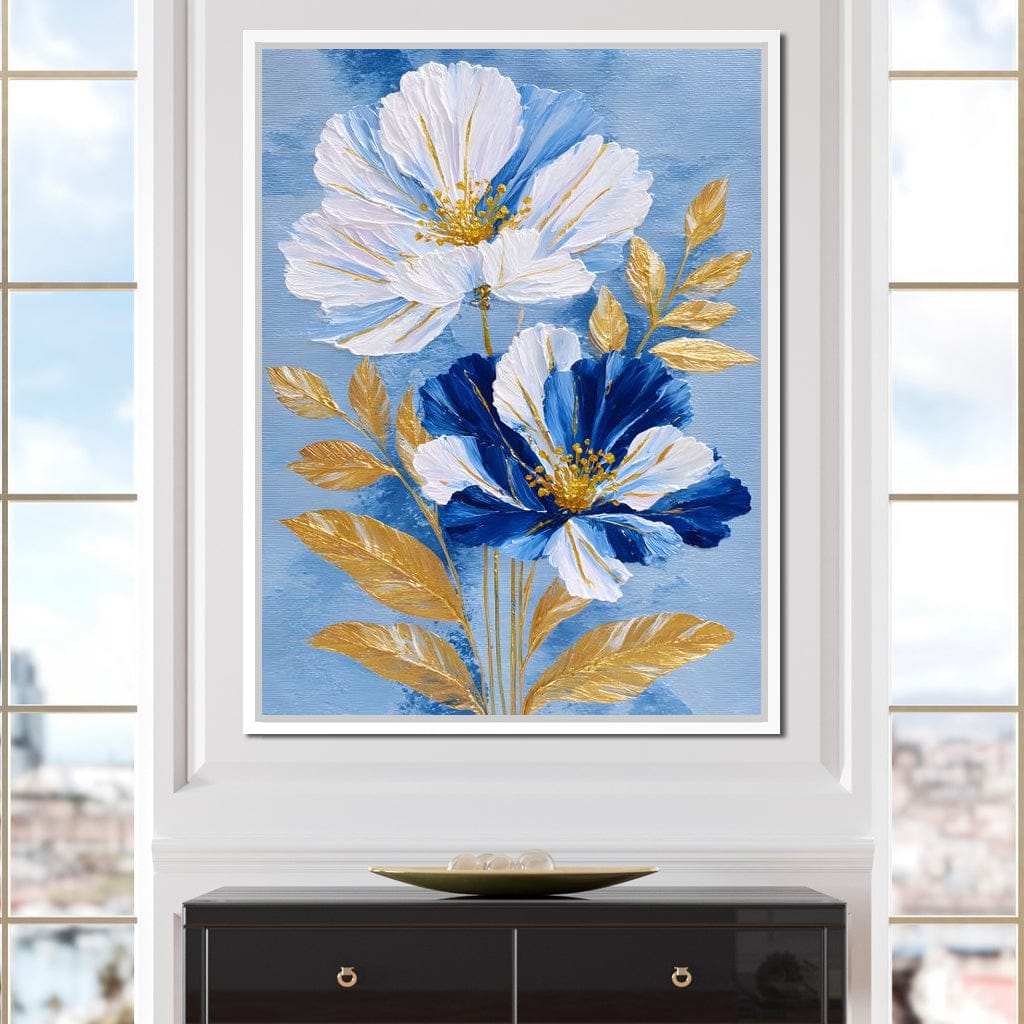 Blue White Peony Gold Leaf Canvas Wall Art