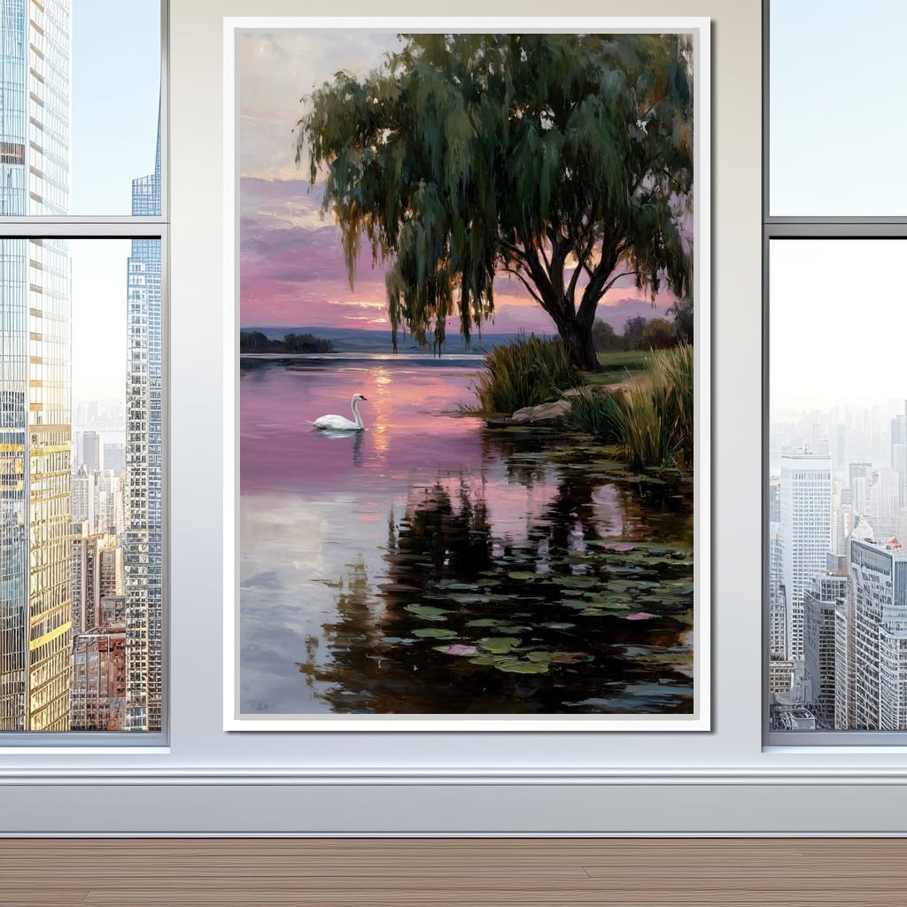 Swan Lake Sunset Willow Tree Canvas Wall Art