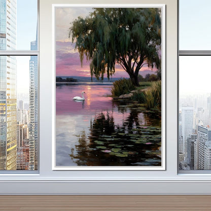 Swan Lake Sunset Willow Tree Canvas Wall Art
