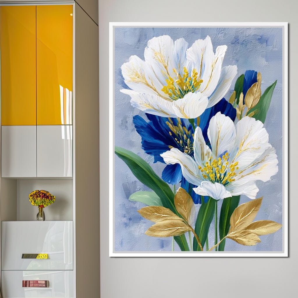 White Peony Blue Petals Gold Canvas Wall Art