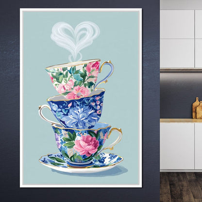 Vintage Floral Teacup Stack Delight Canvas Wall Art